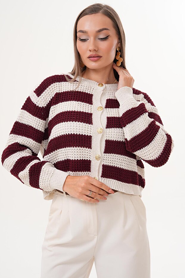 Women's Stripe Patterned Button Closure Knitwear Knitted Cardigan 255195 -
