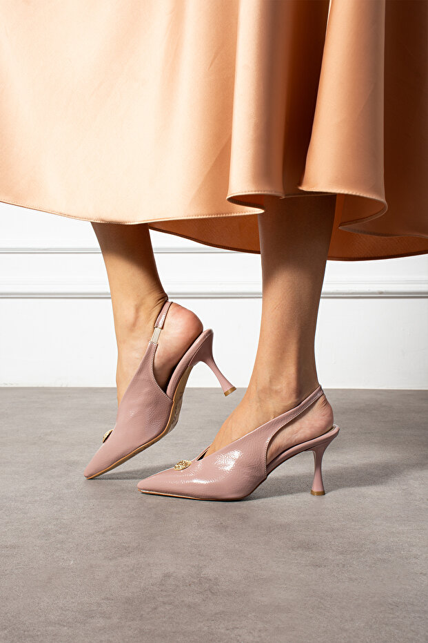 Gül Kurusu Rugan Düğme Detaylı Slingback İnce Topuklu Kadın Stiletto – Şık ve Zarif Abiye Ayakkabı - 3