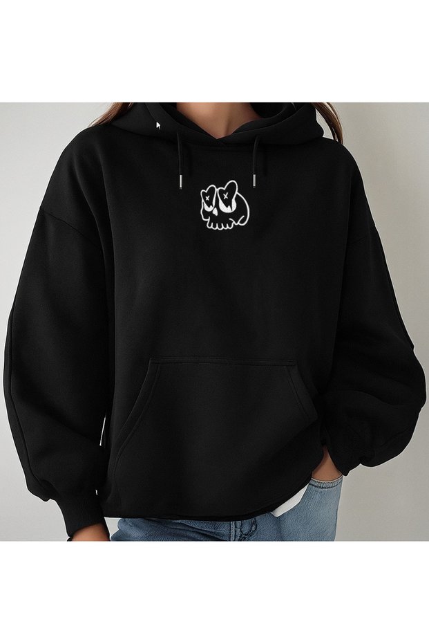 Skull with Heart Eyes Hooded Women's Black&Gray Sweatshirt - Women's Printed Hoodie