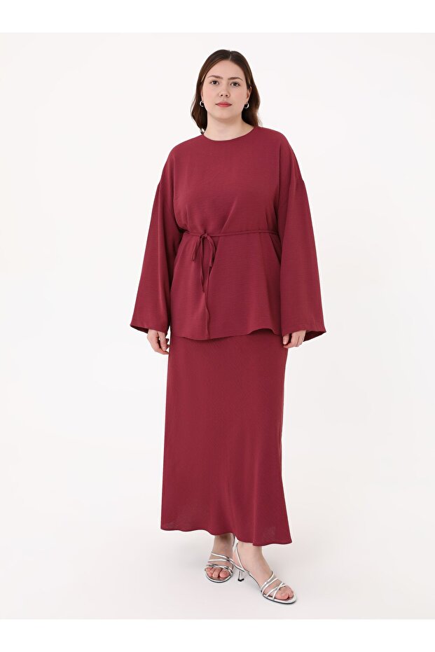 Tie Detail Skirt&Blouse Plus Size Double Set - Murdum -