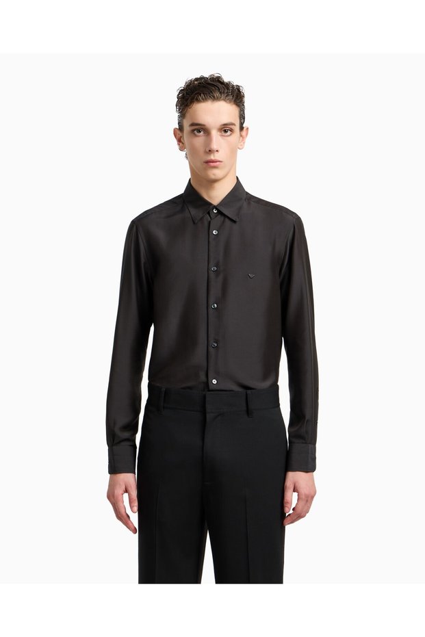 Men's Micro Eagle Embroidery on the Chest Shirt Lapel Long Sleeve Black Shirt Em001537 Af17293-Uc001