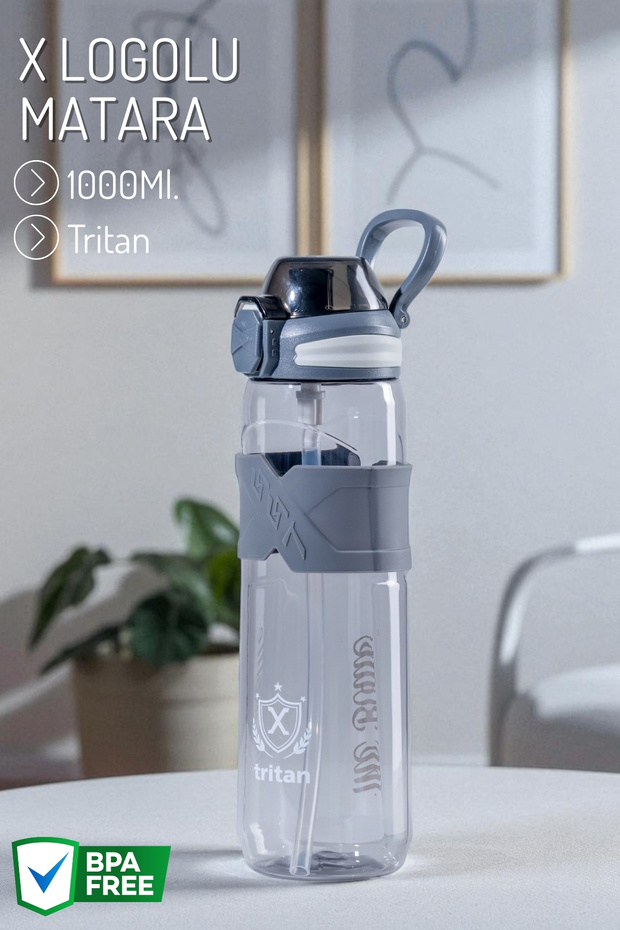 Logolu Model, Pipetli ve Temizleyicili Matara, Su Matarası 1Lt. - 1