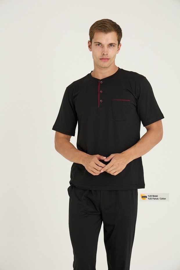 Super Battal Midi Collar Short Sleeve Modal Fabric Pajamas Suit