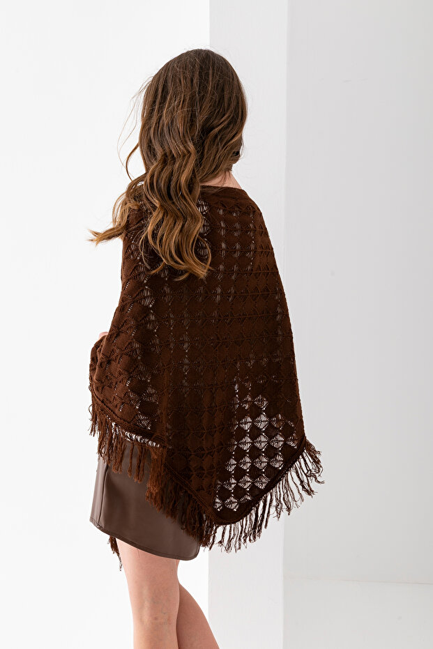 T-Crazy Openwork Patterned Triangle Shoulder Shawl, Stylish and Practical Knitwear Knitted Accessory with Tassels, Triangle Knitwear Shawl - 8