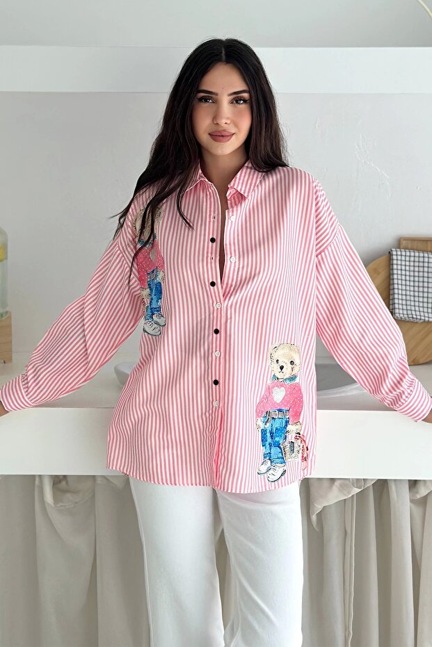 Ayıcık Baskılı Gömlek Pembe - 1