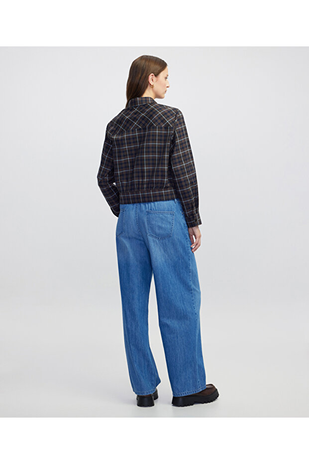 Deri aplikeli ekose desen gömlek - 7