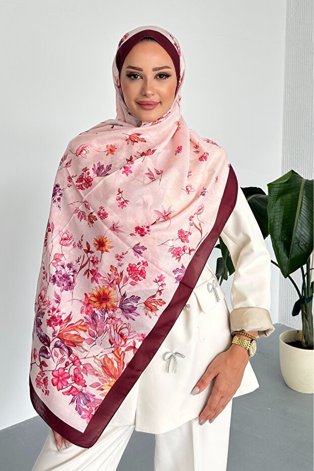 Flowers Floral Patterned Burgundy Color Soft Cotton Shawl