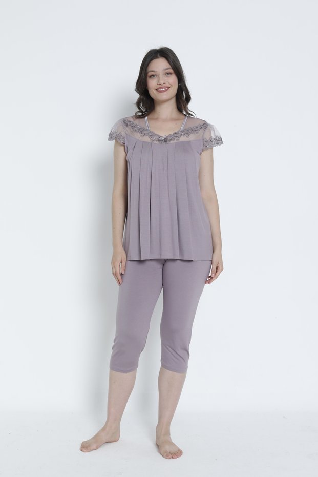 Women's Viscose Elastane Fabric Short Sleeve Top - Bottom Lace Capri Set / Mink 14545