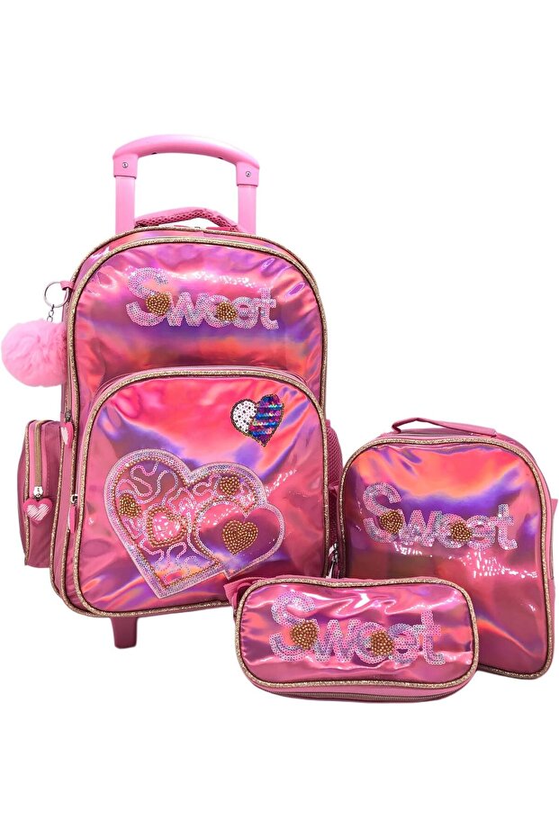 Kids 18" shiny trolley & backpack set with insulated lunch bag, pencil case, pink heart design.