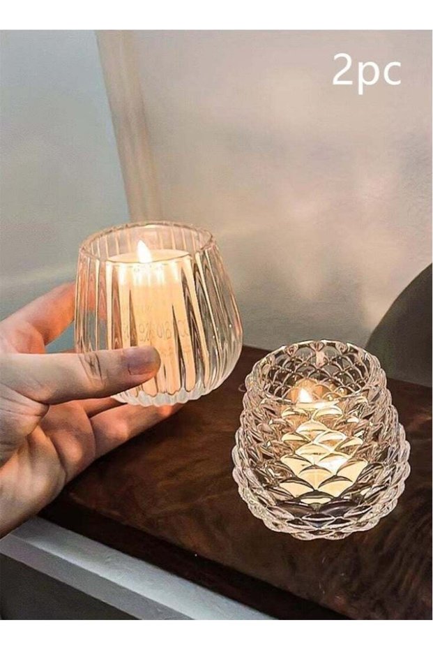 2-Piece Tea Light Candle Holder Decorative Candle Night Light Prop Glass Clear