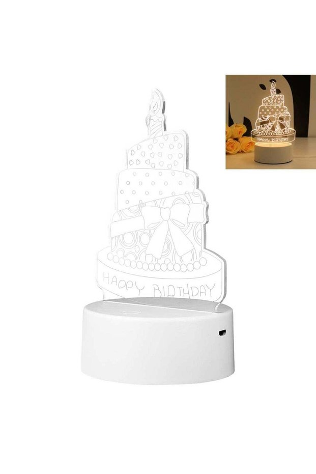 Happy Birthday Cake 3D LED Lamp White Decorative Light