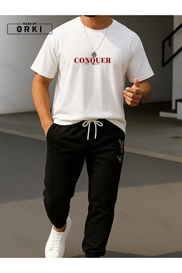Conquer the World Printed Oversize Black T-Shirt & Black Pants Tracksuit Set