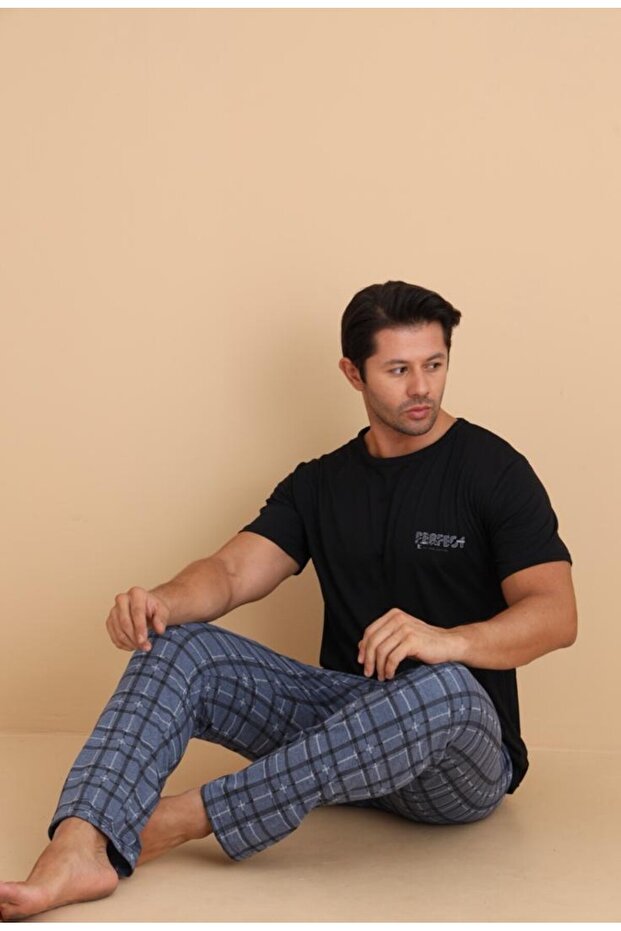 Men's Plaid Short Sleeve Pajama Set - Blue