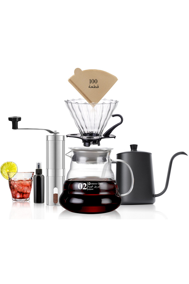 طقم قهوة V60 مكون من 7 قطع – طقم قهوة مع ملعقة، ومصفاة، ومطحنة، وغلاية