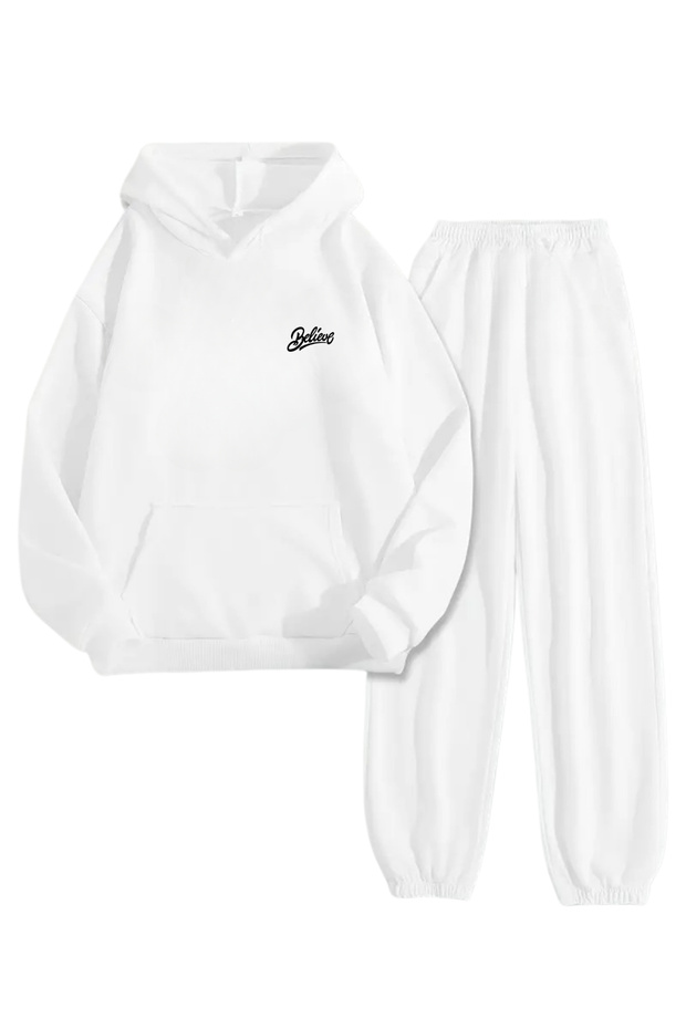 White Tracksuit Set – Belive Minimal Printed, Hooded Sweatshirt and Jogger Pants