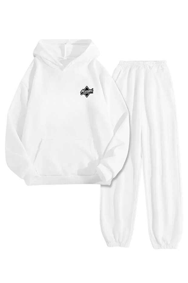 White Tracksuit Set – Miami Minimal Printed Hooded Sweatshirt and Jogger Pants