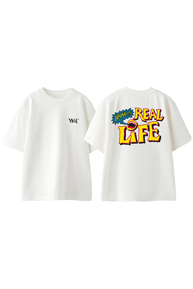 Real Life Design Back Printed Cotton White Oversize T-Shirt