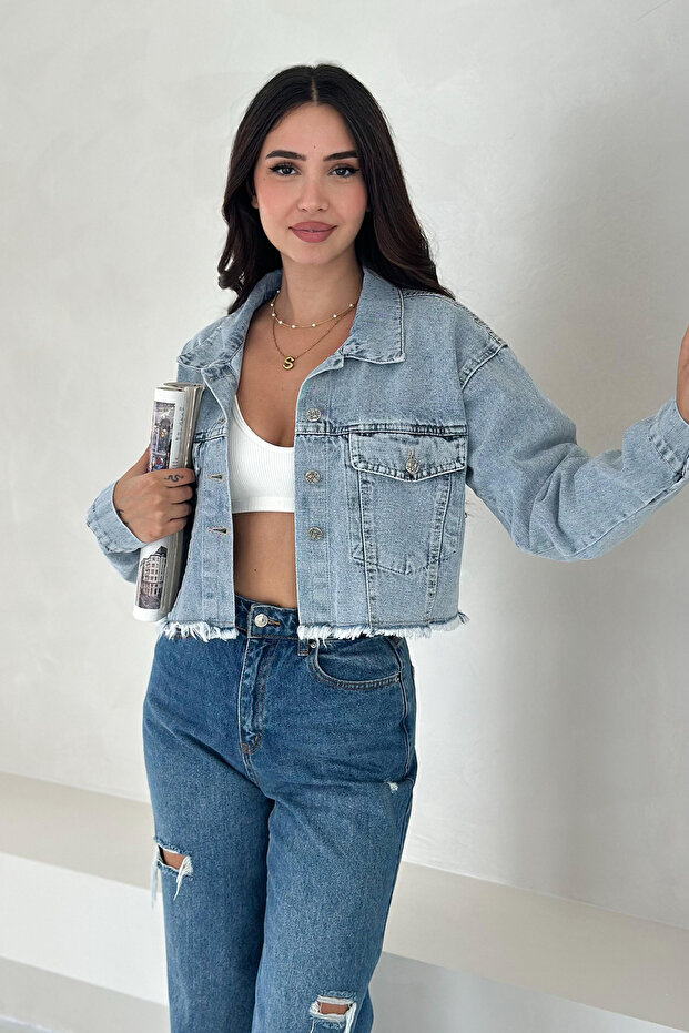 Women's Black Short Denim Jacket – Street Chic with Fray Details