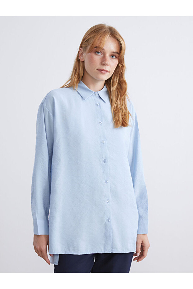 Mavi Oversize Modal Karışımlı Kadın Gömlek Tunik - 3