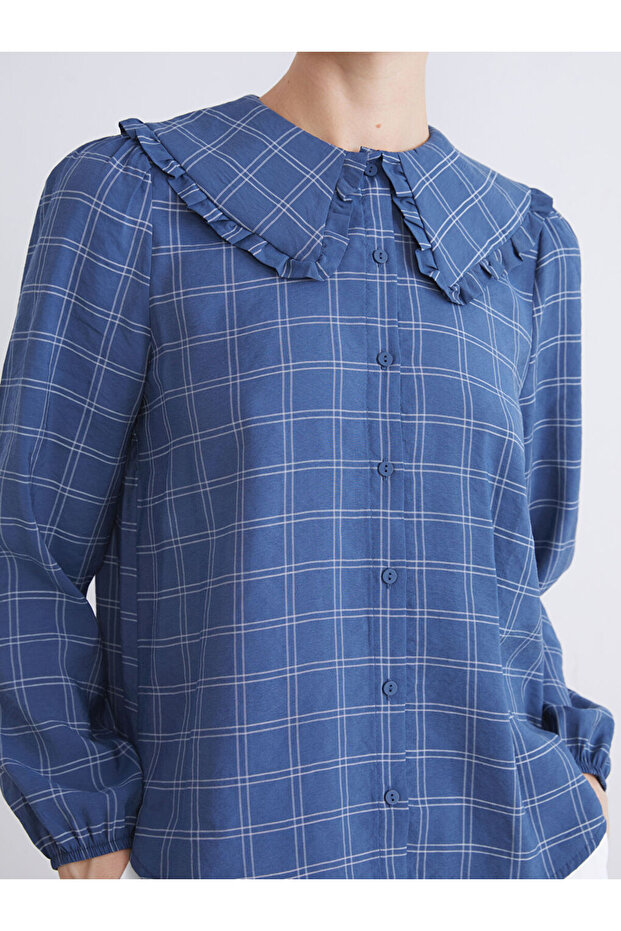 Lacivert Bebe Yaka Ekose Modal Karışımlı Kadın Gömlek - 3