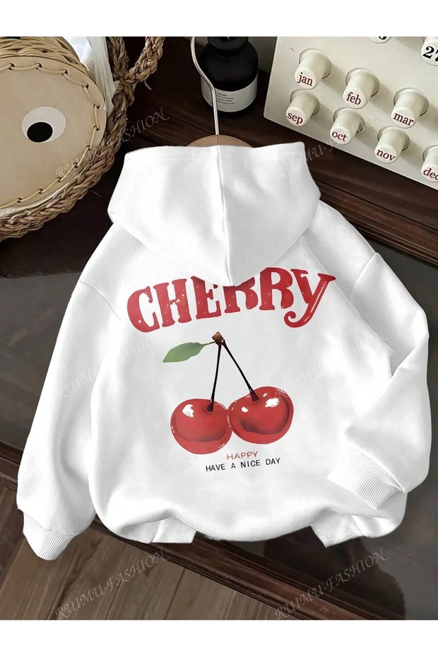 Cherry Baskılı Kapüşonlu Oversize Sweatshirt - 2