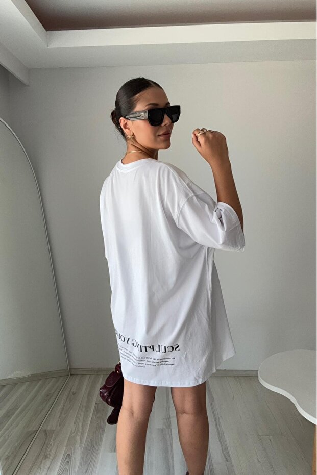 Beyaz Oversize Baskılı Basic Tişört – Cles Couture - 5