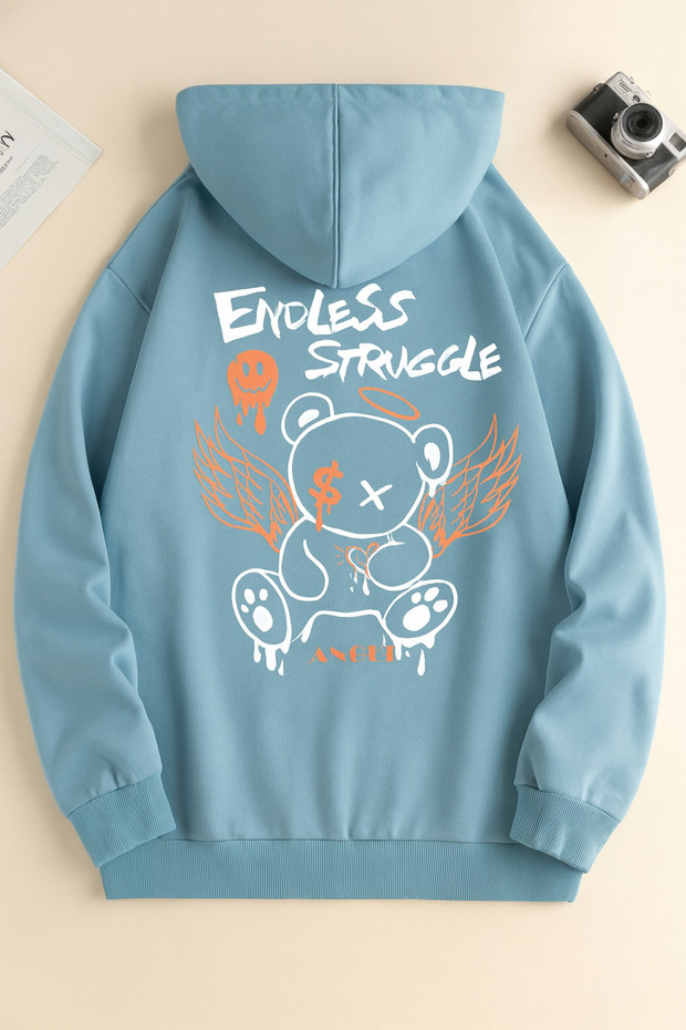 سويت شيرت كبير الحجم بطبعة دب 3 خيوط مع غطاء للرأس - 1