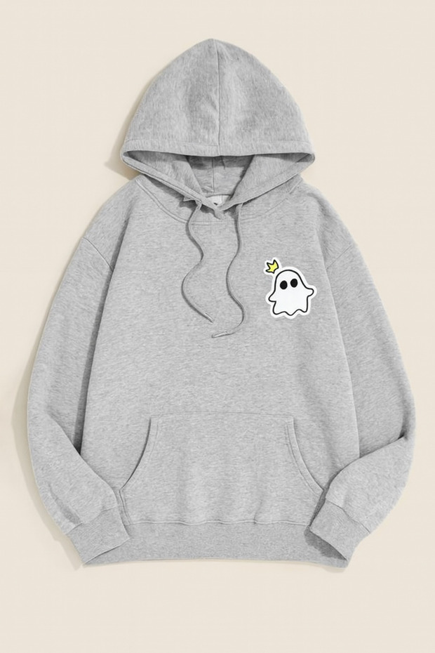 Hooded Oversize 3 Thread Crown Ghost Printed Sweatshirt - 1