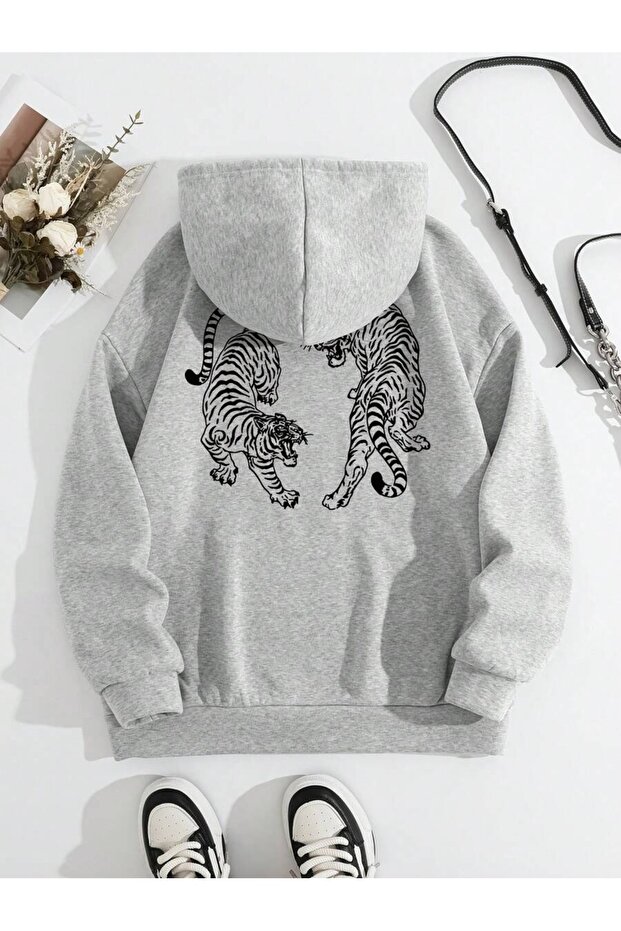 Kaplan Baskılı Kapüşonlu Oversize Sweatshirt - 2