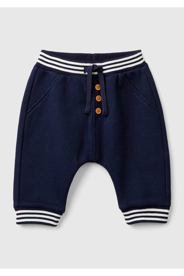 Baby Navy Blue Drawstring Buttoned Sweatpants with Stripe Detail at Waist and Legs