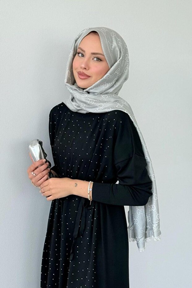 Merserize Taşlı Elbise Siyah - 2