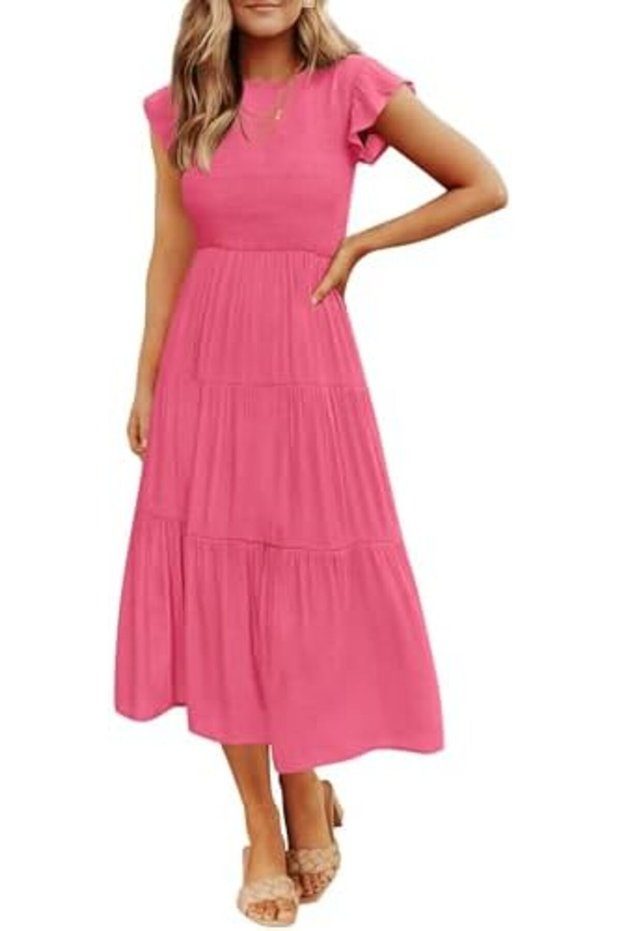 Women's 2025 Summer Casual Flutter Short Sleeve Smocked Elastic Waist Tiered Midi Dress XXL