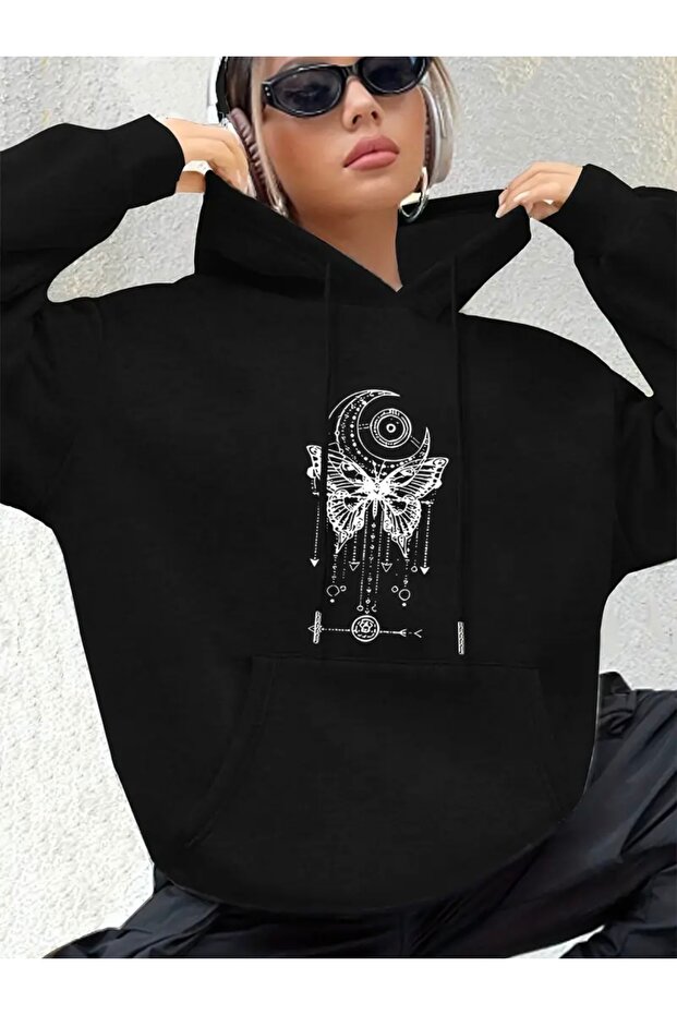 Oversize Unisex Hooded Sweatshirt with Butterfly and Moon Print
