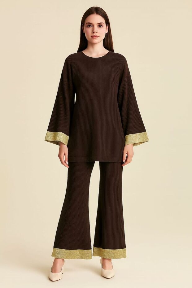 Women's Ribbed Spanish-Style Flare Pants with Sequin Detail, Cropped Sleeve Top Set