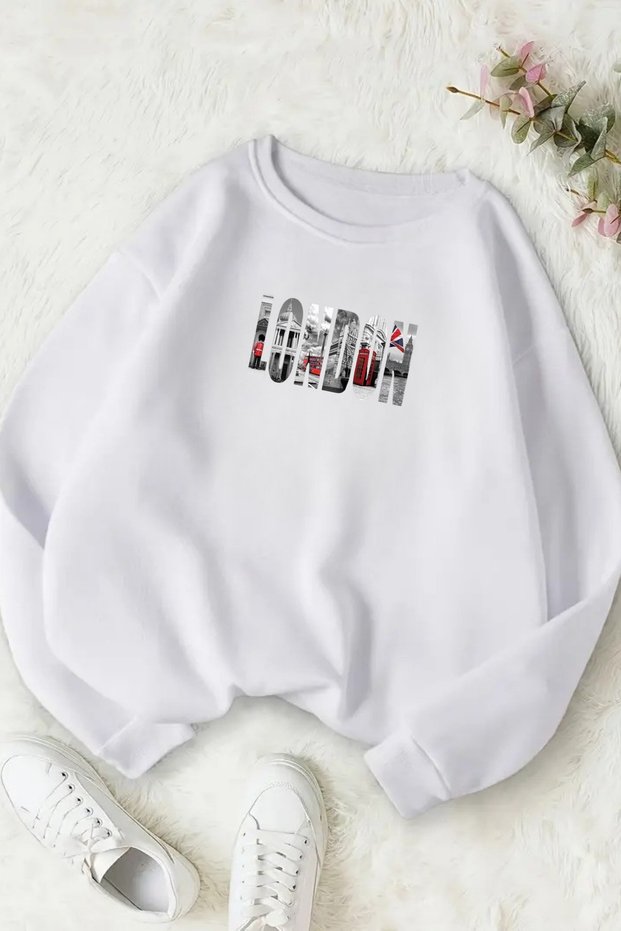 Unisex White London Printed Crew Neck Sweatshirt - Winter Embossed Fabric