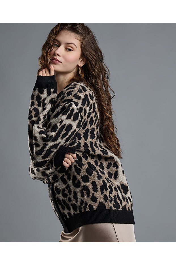 Animal Patterned Cardigan with Button Closure - 2