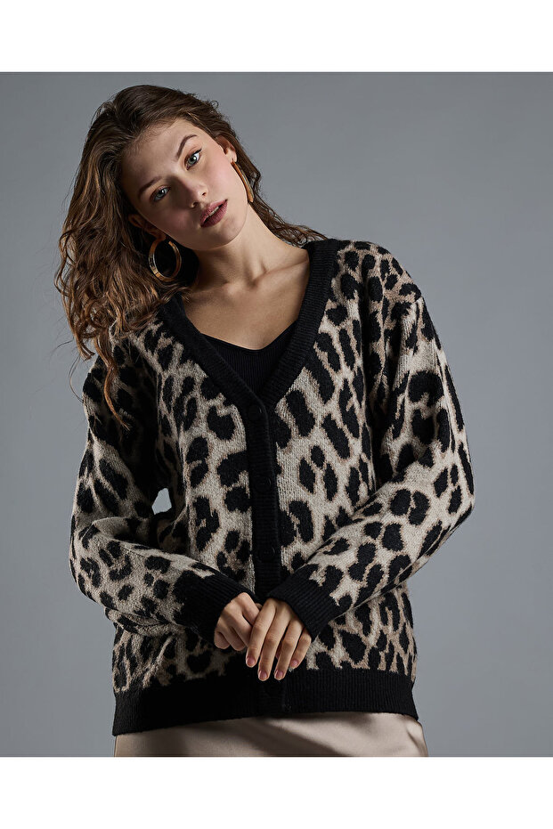 Animal Patterned Cardigan with Button Closure - 1