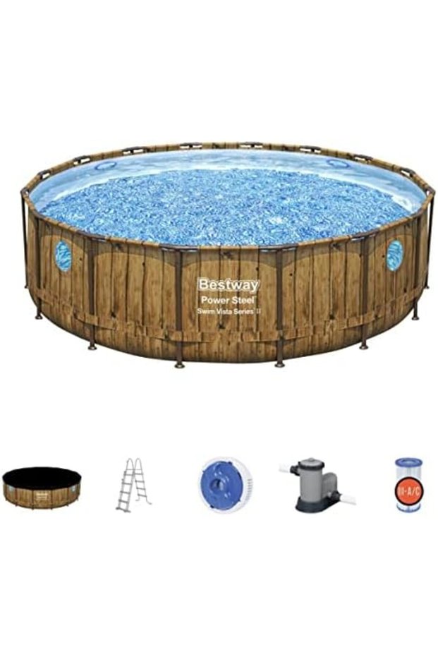 Power Steel Swim Vista Pool Set, Family Swimming Pool with Windows, Rattan Print Garden Pool