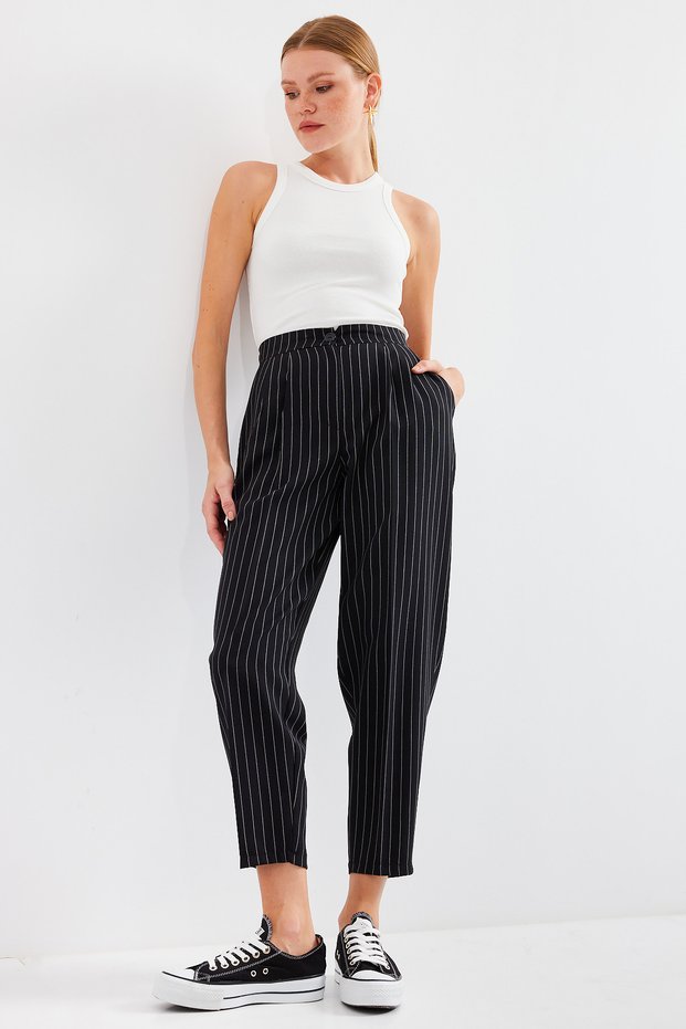Women's High Waist Striped Trousers Black 1269