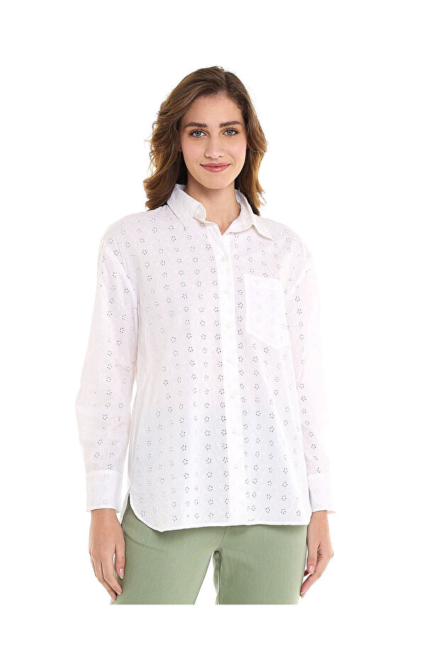 Schiffli Shirt with Classic Collar and Long Sleeves