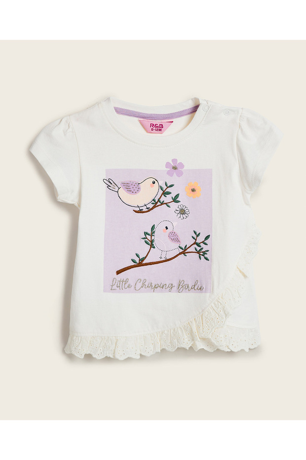 Embroidered Top with Crew Neck and Puff Sleeves