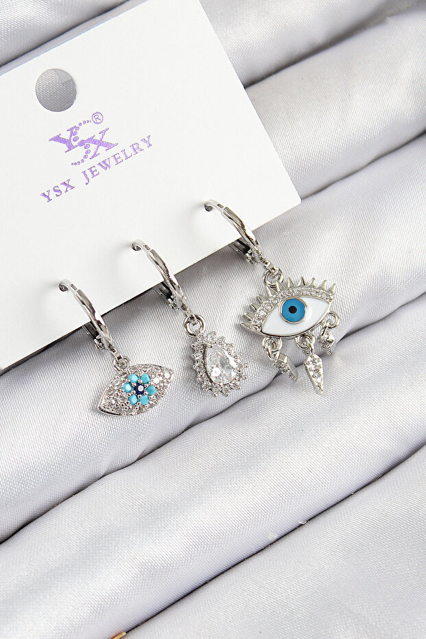 Brass Zircon Stone 3-Piece Fatma's Eye Model Silver Color Women's Earrings