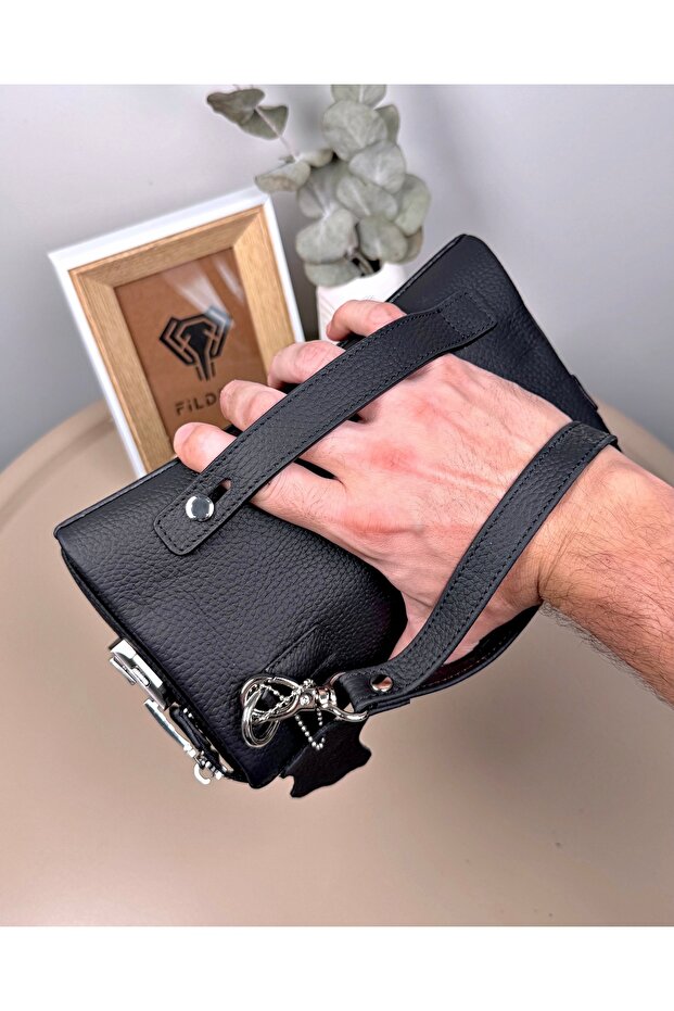 Genuine Leather Combination Zipper Handbag Matte Black Color 2105