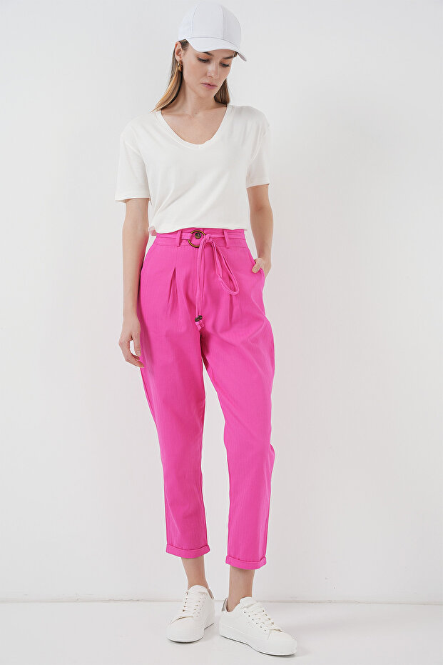 Women's Belted Linen Trousers Fuchsia 1278