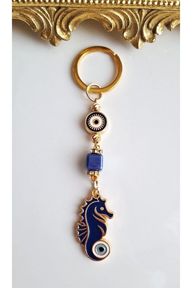 Luxury Souvenir Zircon Stone Seahorse Lucky Lady Luck Dark Blue Keychain with Evil Eye Beads