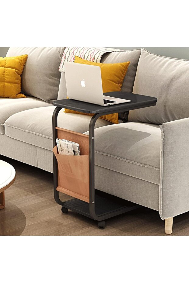 Rolling Side Table C Shaped End Table, Heavy Duty Mobile Table with Side Pocket and Wheels Over Bed