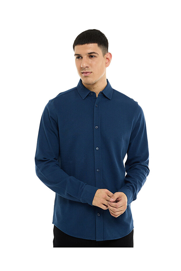 Textured Shirt with Classic Collar and Long Sleeves