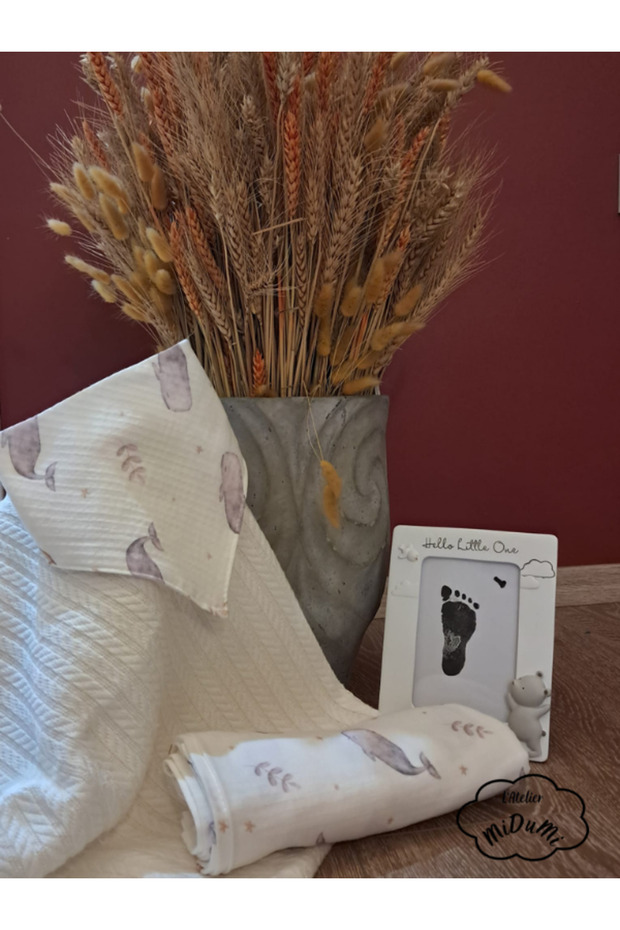 Baby, Boy, 3-Piece Ecru Pique 90*115cm, Whale Double Layer Woven Muslin Blanket 100*105cm and Scarf Tk (Waterproof Zippered Organizer Bag Is a Gift.)