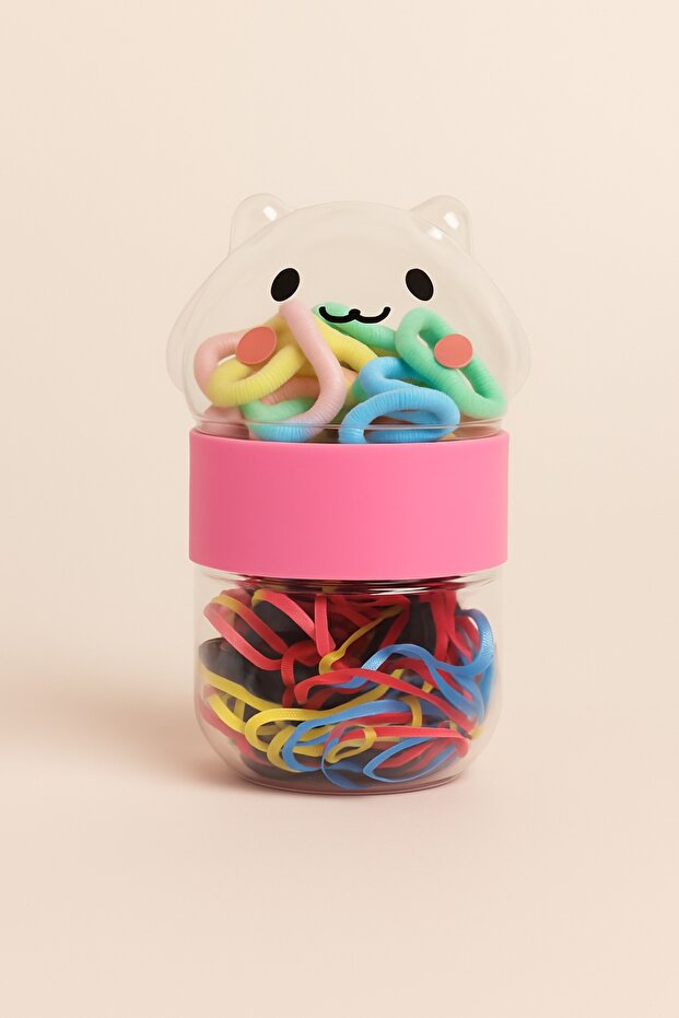 Colorful and Pastel Hair Rubber Set – Thin Elastics in Transparent Box + Thick Buckle with Cute Teddy Bear Cover