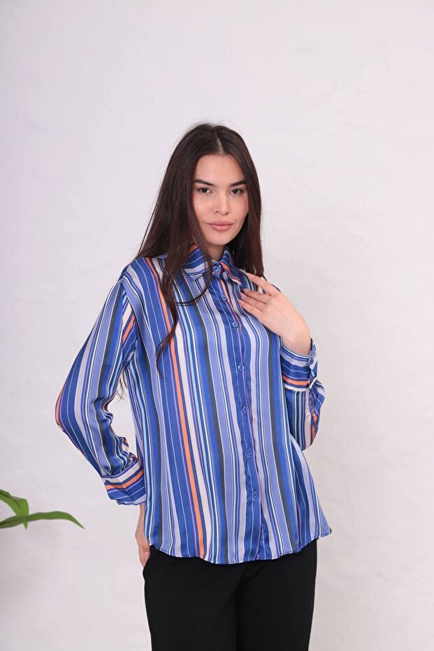 Long Striped Satin Women's Shirt